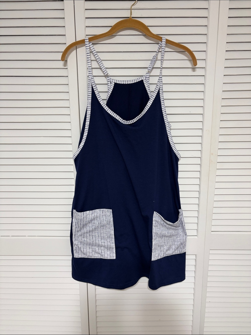Navy Blue  Skort Dress with Striped Trim and Pockets.